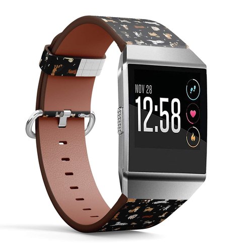 Compatible with Fitbit Ionic - Leather Band Bracelet Strap Wristband Replacement with Adapters - Cartoon Doodle Puppy Dog