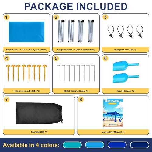 Beach Tent Sun Shelter UPF 50+,10x10 FT Beach Canopy Tent Sun Shade,Pop Up Beach Canopy with 8 Sandbags, Outdoor Beach Shade for Camping Trips, Fishing, Backyard Fun Picnics (Sky Blue)