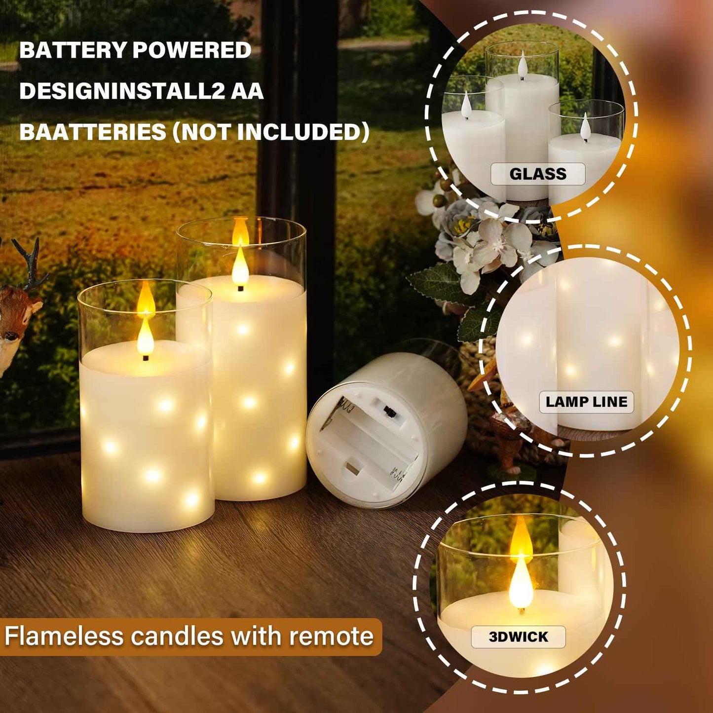 Nimiko Real Wax Flameless Candles Glass,Battery Operated LED Candles with Flickering Flame,Glass Shell,Interior Star Light Decoration Set of 3 White (D3×H 4" 5" 6") for Home Decor,Holiday Decoration