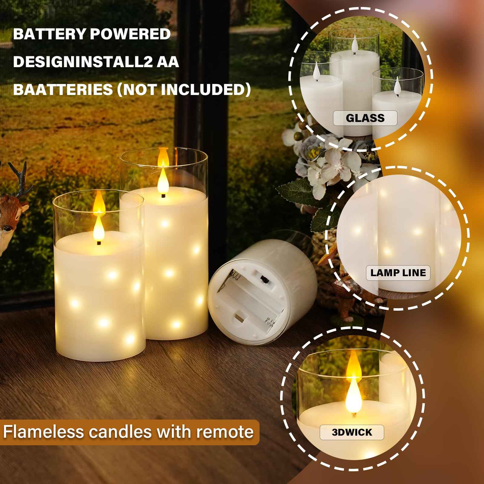 Nimiko Real Wax Flameless Candles Glass,Battery Operated LED Candles with Flickering Flame,Glass Shell,Interior Star Light Decoration Set of 3 White (D3×H 4" 5" 6") for Home Decor,Holiday Decoration