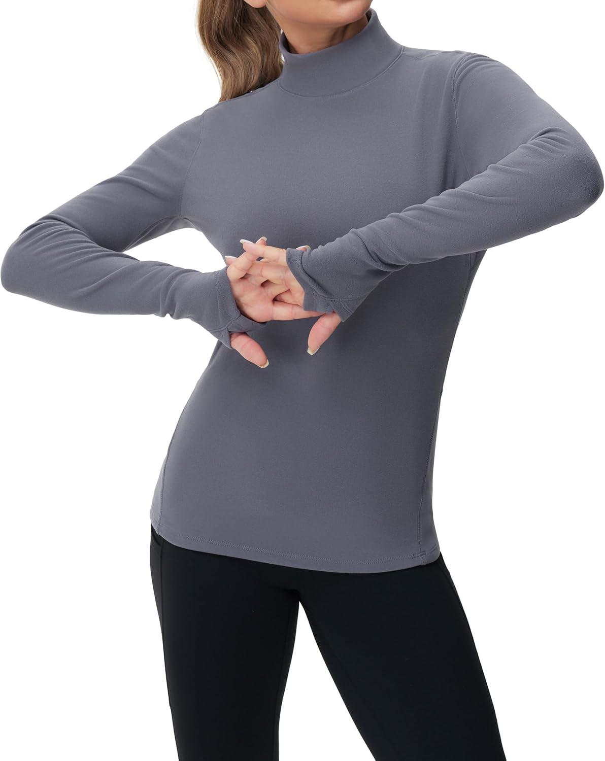 The Gym People Women's Fleece Thermal Mock Turtleneck Long Sleeve Shirt - Cozy Pullover with Thumb Hole