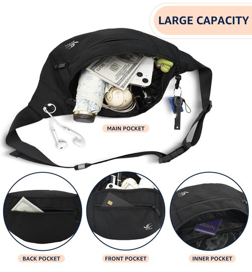 HiRui Large Crossbody Fanny Pack for Men Women Waist Bag Pack with 4-Zipper Pockets Phone Bag Fits All Phones Wallet Keys, Casual Hands-Free Waist Pack for Travel Workout Running (Black)