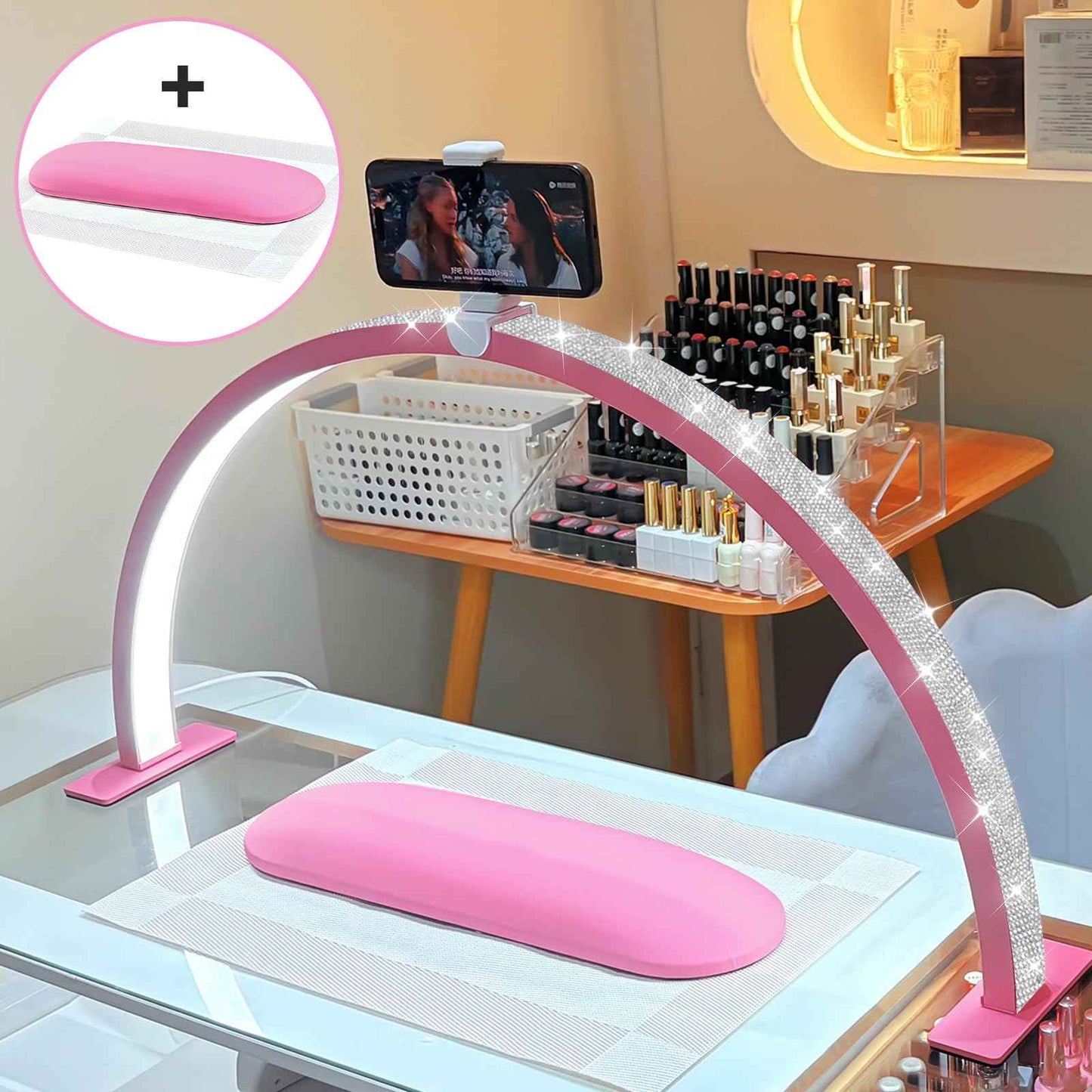 FFKJDM Large 29-inch Half Moon Light for Nail Desk,48W LED Light with Hand Pillow and Phone Holder, Nail Desk lamp for lash Eyelash Extension,Makeup Desk lamp,Color Temperature 3000K-6000K (Pink)