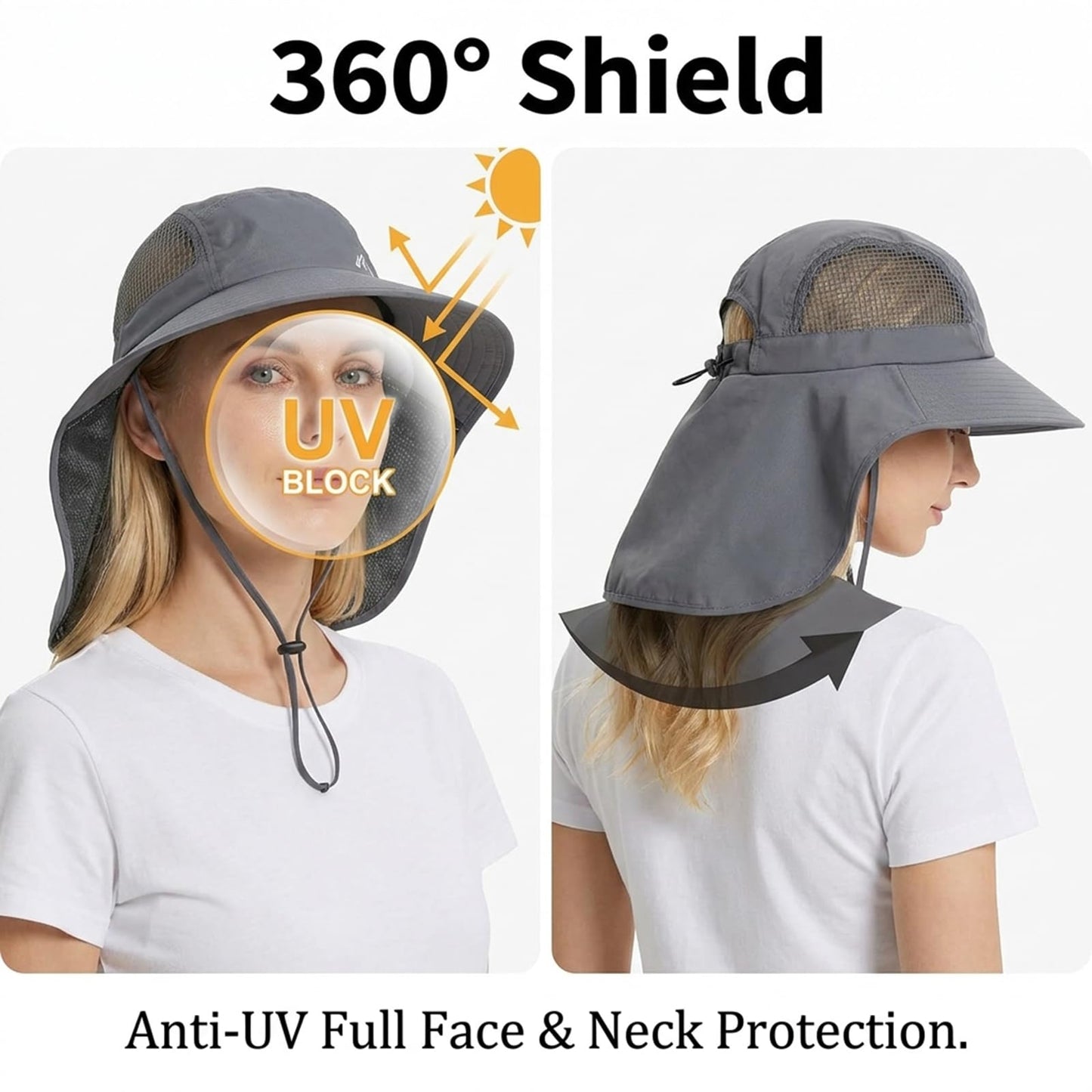 UV Sun Protection Hat Women Foldable Neck Flap Wide Brim Hiking Hat with Ponytail Hole for Women Dark-Gray