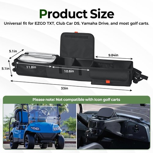 Tecoom No Drilling Golf Cart Front Storage Basket, Foldable Inner Organizer with 1680D Oxford, Upgraded Design Removable Insulated Compartment, Universal Fit for EZGO Drive Club Car Yamaha Golf Carts