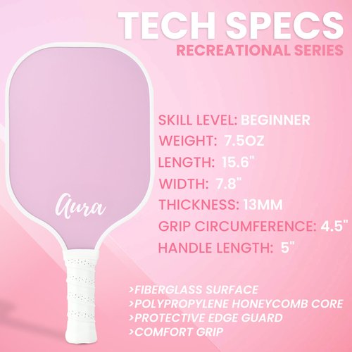 Cute Pink Pickleball Paddle | Fiberglass Surface Pickleball Racket with Comfort Cushion Grip | Lightweight Ideal for Beginners | Pickleball Gifts for Women