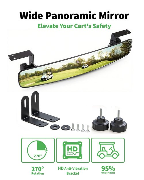 Golf Cart Rear View Mirror, 16.5" Universal Adjustable Rearview Mirror Extra Wide 180° Panoramic, Compatible with EZGO, Club Car, Yamaha for Enhanced Rear Visibility