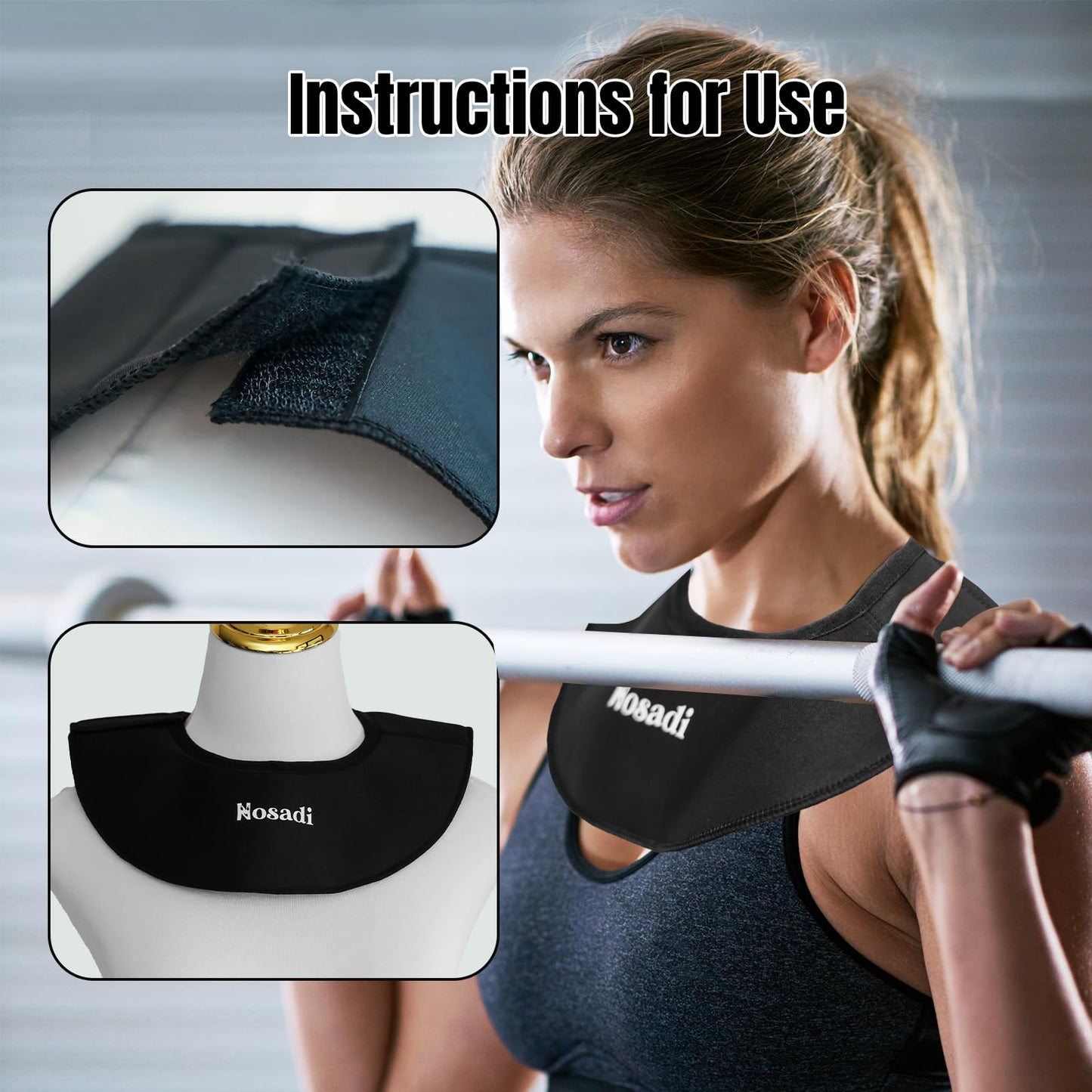 Nosadi Barbell Pad Squat Bar Pad for Neck and Collarbone – Padded Weightlifting Neck Guard for Squats & Lunges – Adjustable Fit with Velcro – Injury Protection – Compact, Washable (Black-M)
