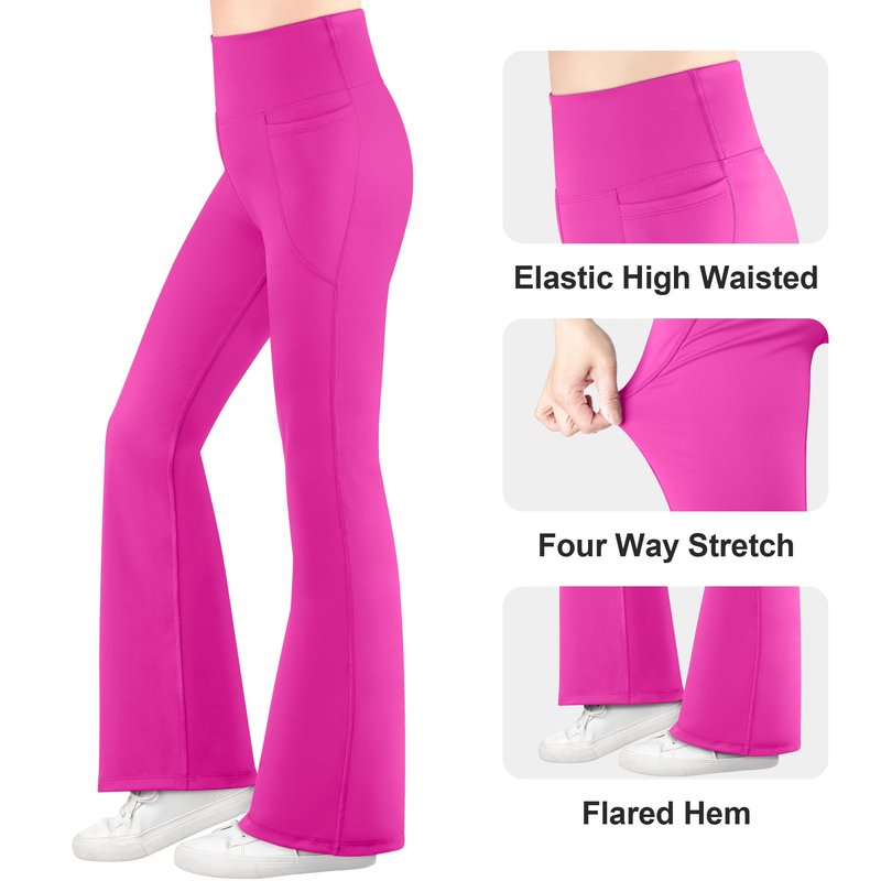 BIG ELEPHANT Girls Flare Leggings with Pockets, High Waisted Bootcut Pants for Kids, Casual Yoga-Style Bell Bottom