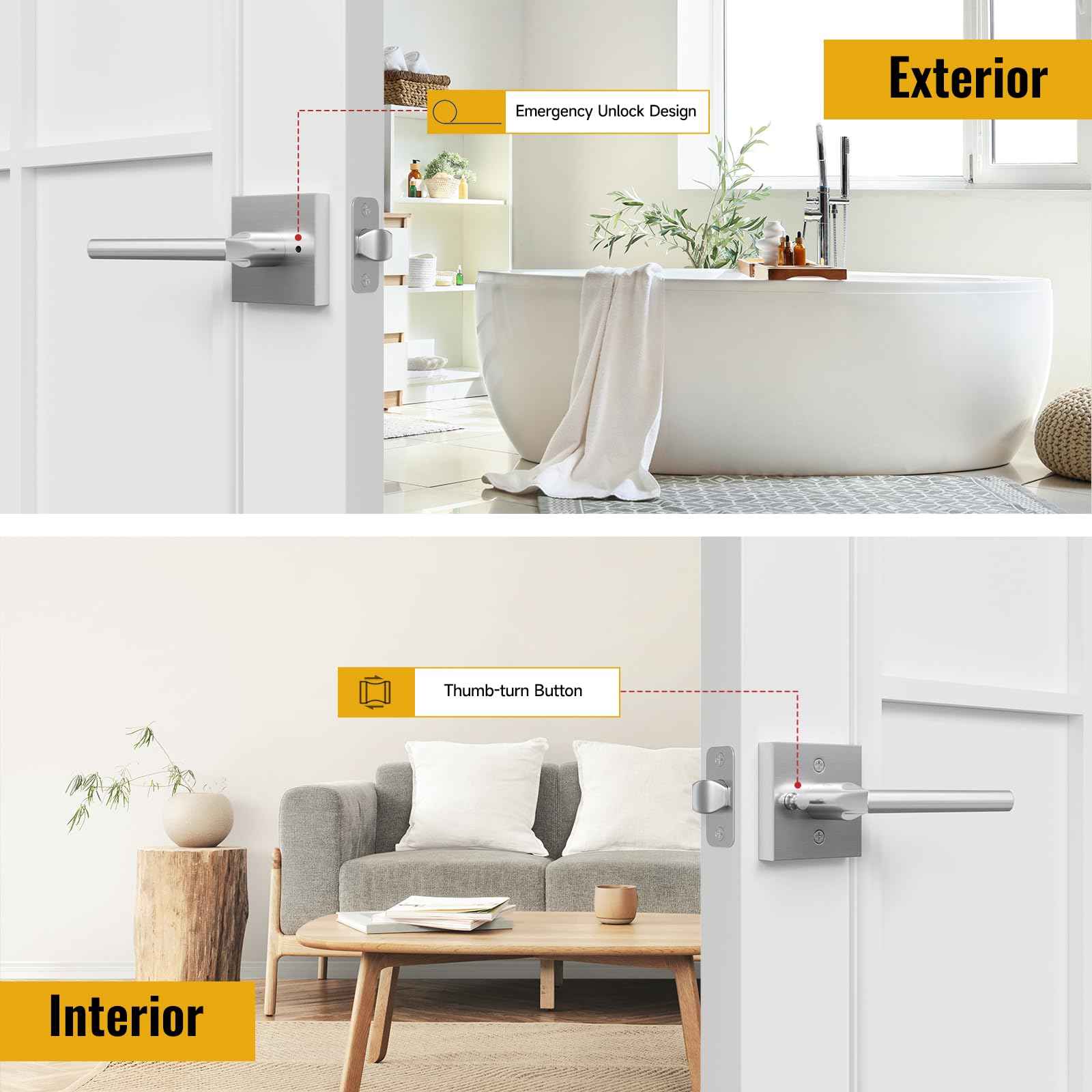 HOSOM Privacy Door Handles for Bedroom and Bathroom, Door Handle Interior Door Levers Keyless Reversible Square Door Locks, Satin Nickel, 1 Pack