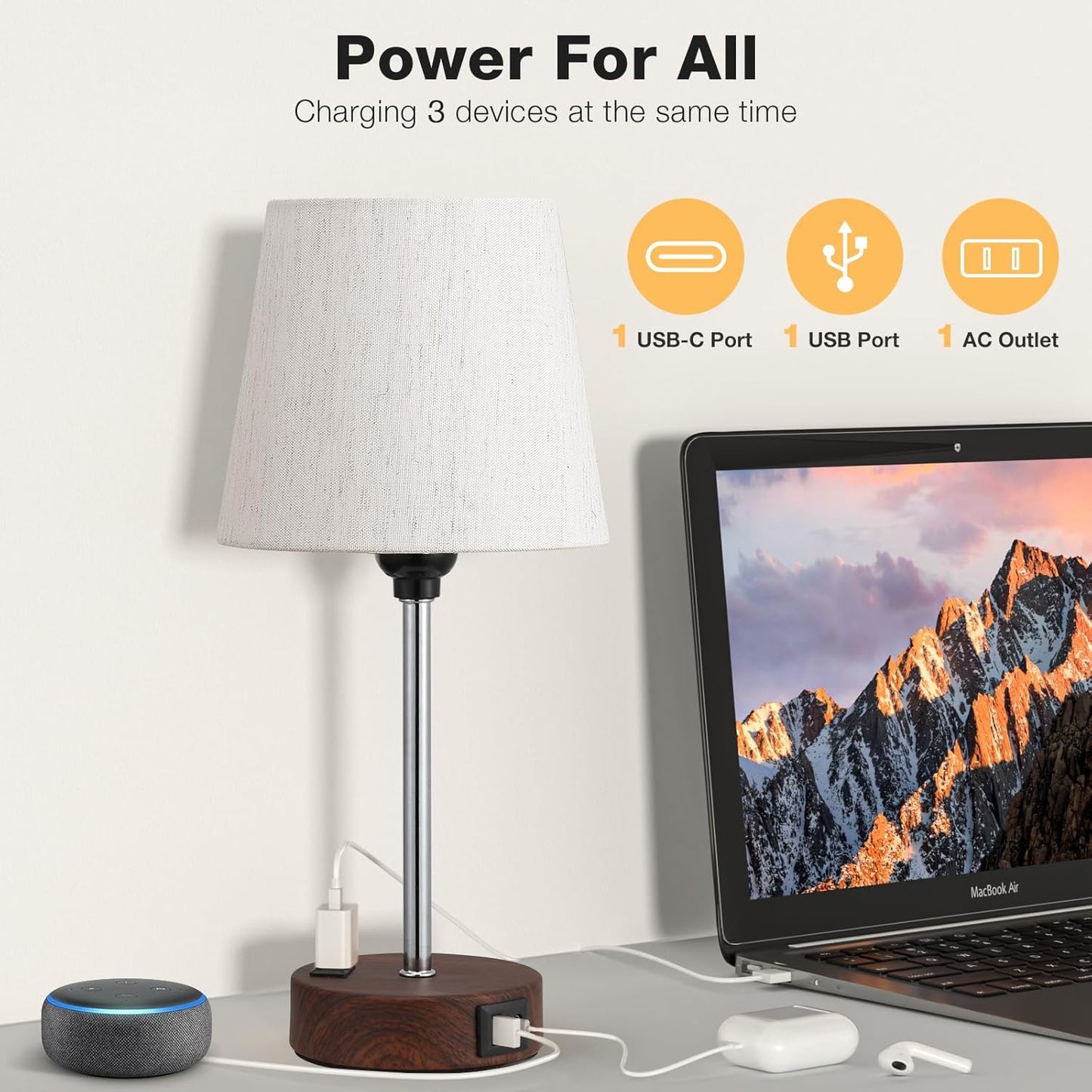 Set of 2 Mini Bedside Lamps with USB-C & AC Outlet - Dimmable Touch Nightstand Lights for Bedrooms