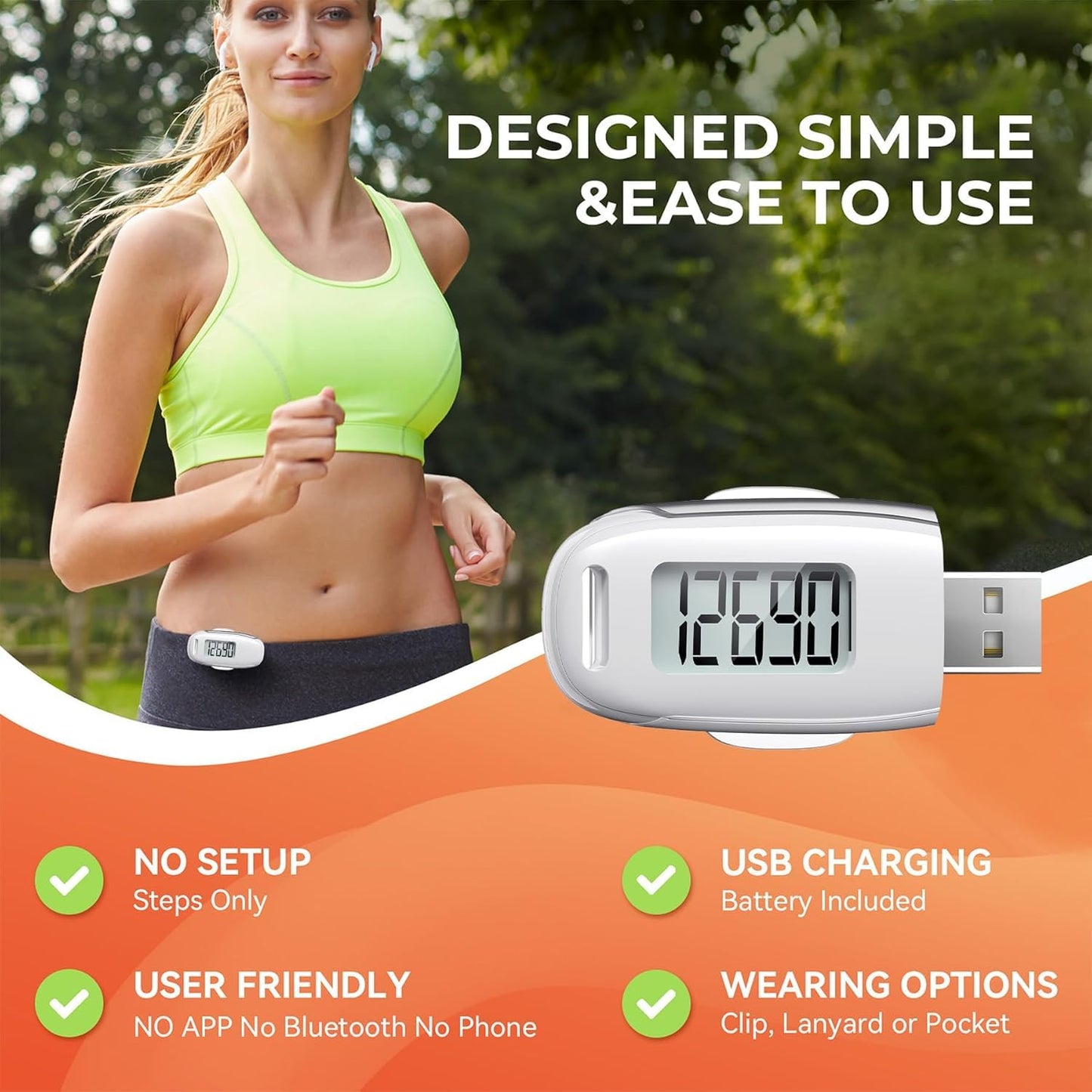3D Pedometer for Walking, Simple Walking Step Counter with Removable Clip and Strap, USB Rechargeable Step Tracker with Backlight, Accurate Step Counter for Men Women Seniors - White
