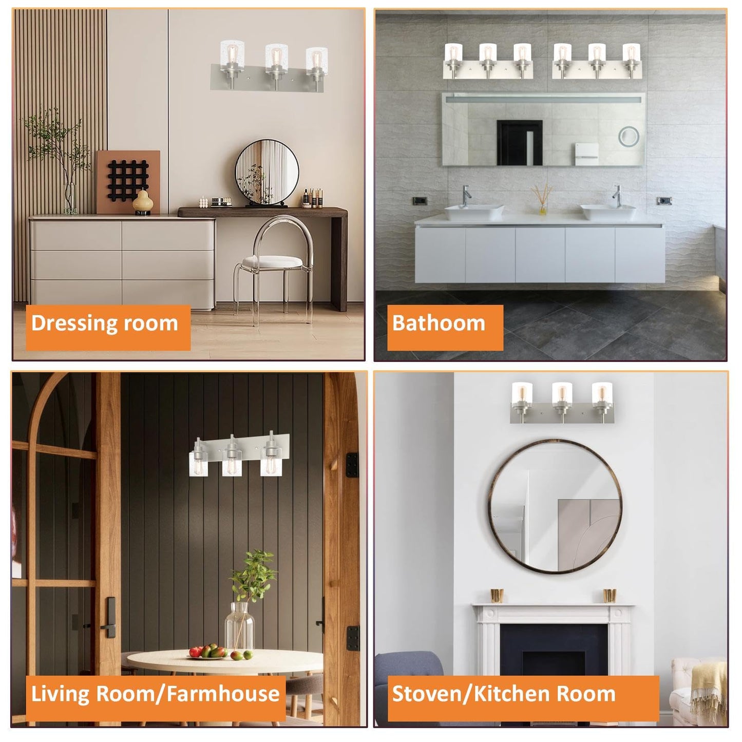 landskylite Bathroom Vanity Light Fixture, Brushed Nickel，24" 3-Light，Offset Mount, Modern Wall Sconce，Seeded Glass & Large Backplate - Farmhouse Lighting for Bathroom, Living Room, Hallway