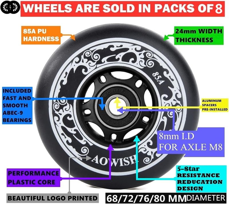 AOWISH 8-Pack Inline Skate Replacement Wheels 85A Outdoor Asphalt Formula Roller Blades Wheels Indoor Roller Blades Wheels with Bearings ABEC-9 & Floating Spacers (Black, 76mm)