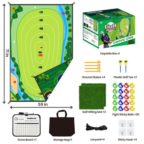 Golf Chipping Game Mat Double Sided,40 pcs Golf Game Set with 6×5 FT Golf Practice Mat,Outdoor Indoor Hitting Games for Adults & Kids,Home Backyard Garage Game, for Family Gatherings