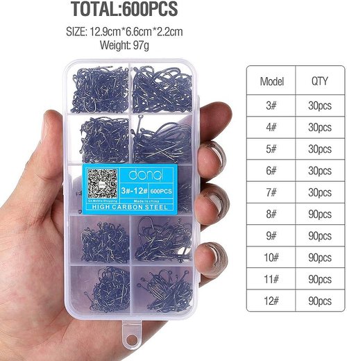 DONQL Fishing Hooks - 600Pcs Barbed Carp Single Hook Kit for Freshwater & Saltwater | Carbon Steel