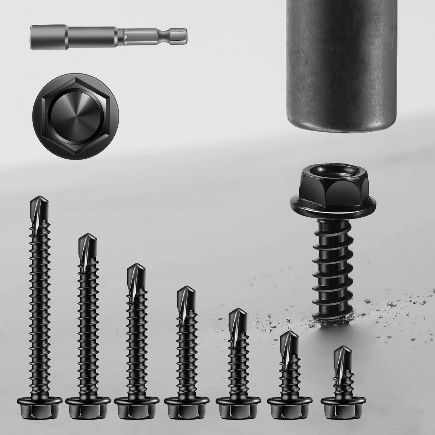 SG TZH (131Pcs)#8 x 1-1/2" Sheet Metal Screws 410 Black Stainless Steel Hex Washer Head Fast Self Tapping Screws Tek Screws with Hex Socket Included