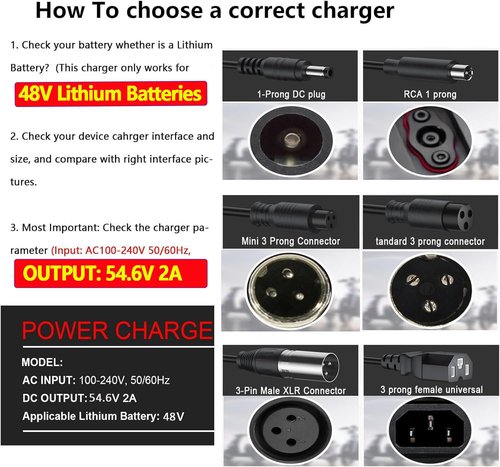 54.6V 2A Electric Charger for 48V Ebike Lithium Battery (13S Li-ion Battery), Electric Bike Charger with 7 Charging Port Plugs