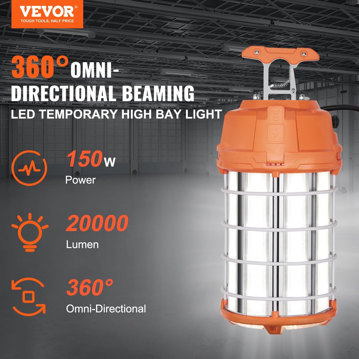 VEVOR LED Temporary Work Light, 150W 20000lm Construction Lights, 5000K Portable Super Bright & Waterproof & Connected Up to 6 lights, Hanging Job Site Lighting for Indoor and Outdoor Lighting