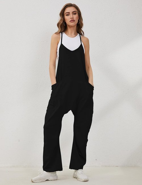 Lentta Women's Casual Jumpsuit - V Neck Sleeveless Harem Romper with Adjustable Straps & Pockets