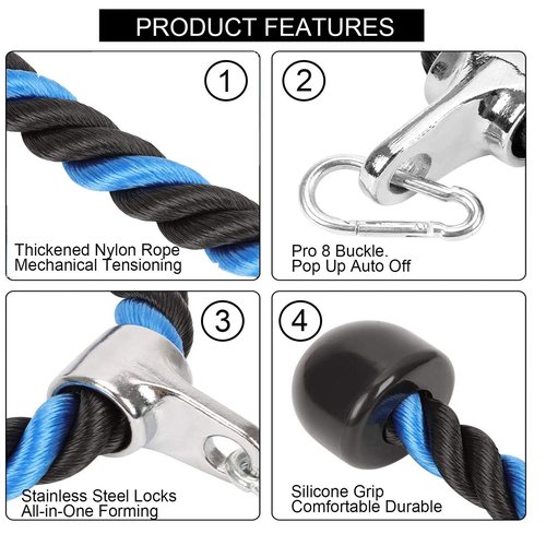 Taeku Tricep Rope – Heavy Duty Nylon Cable Attachment with Long Handle & Carabiner for Triceps Pushdown Home Gym Workouts (Blue 27")