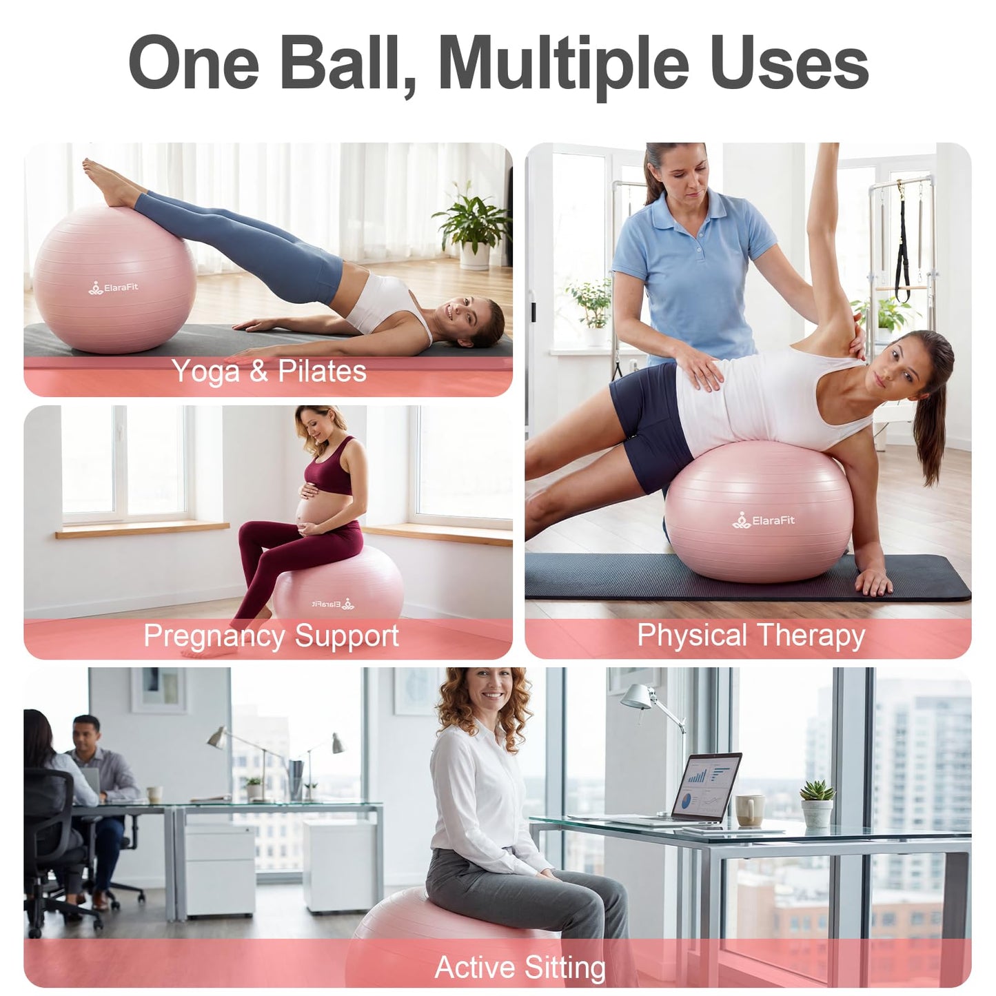 ElaraFit Anti Burst Large Exercise Ball for Yoga Non Slip Pilates Ball with Pump 550 lbs Capacity for Pregnancy, Fitness Size L 23 to 26 inches, About 58 to 65cm (Pink)