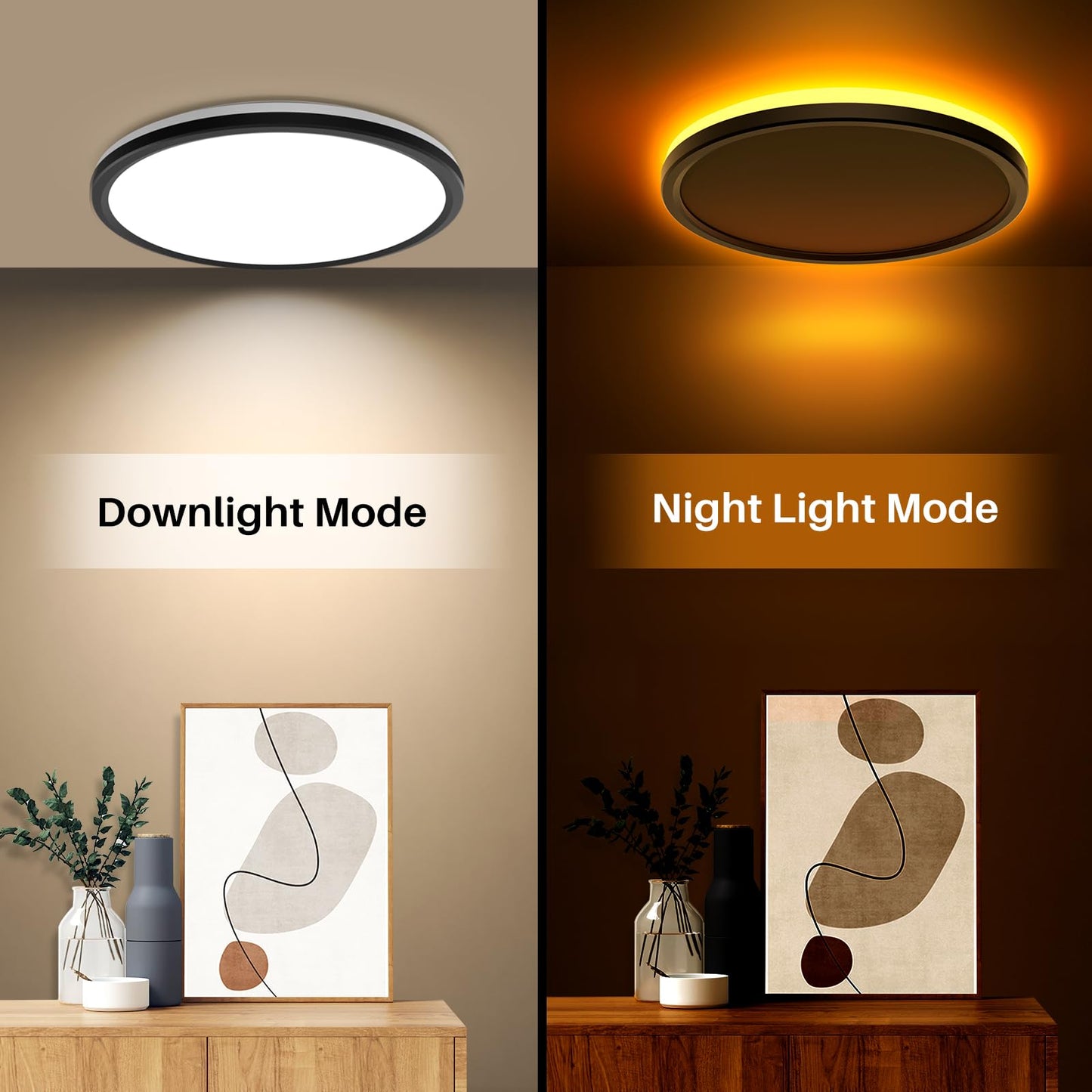 AmazeFan 12Inch LED Flush Mount Ceiling Light with Remote Control, Dimmable Night Light 1800K 3000K/4000K/6500K 24W 2400lm Low Profile Ceiling Lamp for Bedroom LivingRoom Kitchen Hallway-Black