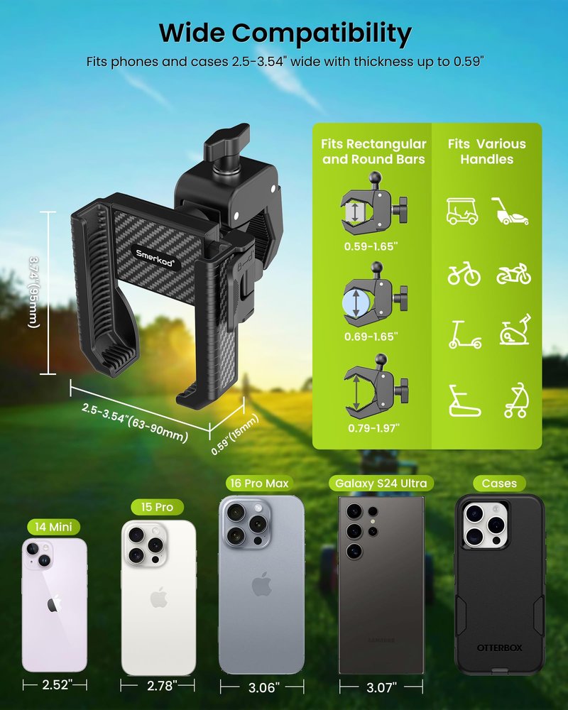 Smerkod Golf Cart Phone Holder Mount - 3s Phone Clip Install, 1s Lock & Release，Phone Caddy for iPhone Galaxy & More Fits Yamaha Club Car EZGO Icon, Golf Cart Accessories Essentials Gift for Men Women