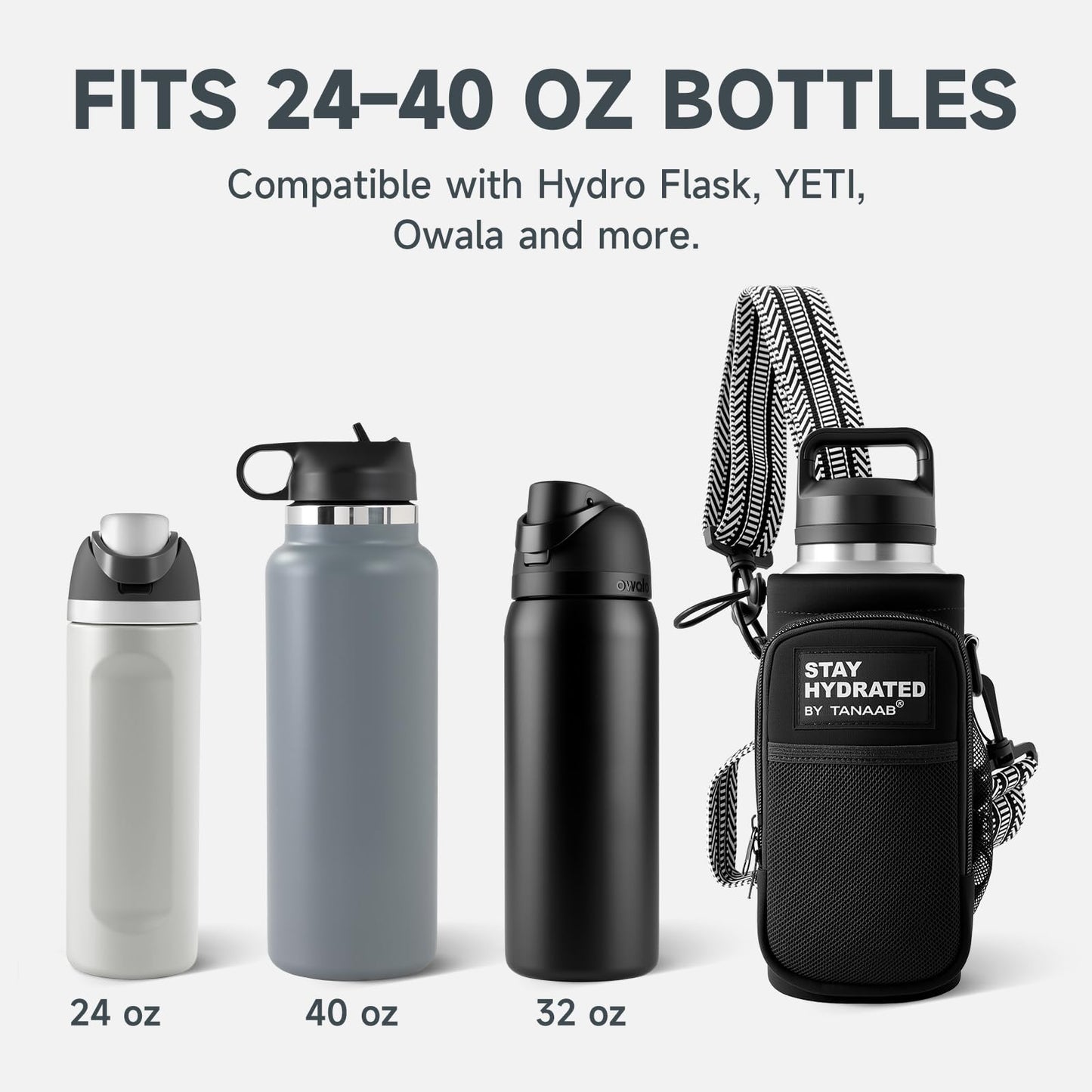 TANAAB Water Bottle Holder with Strap, Neoprene Crossbody Carrier, Phone Pocket, 1.46" Wide Strap, Fits 24-40oz