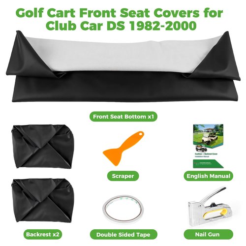 10L0L Golf Cart Front Seat Covers for Club Car DS 1982-2000, Staple On Black Micro Fiber Leather, Anti-Scratch & Anti-Fading