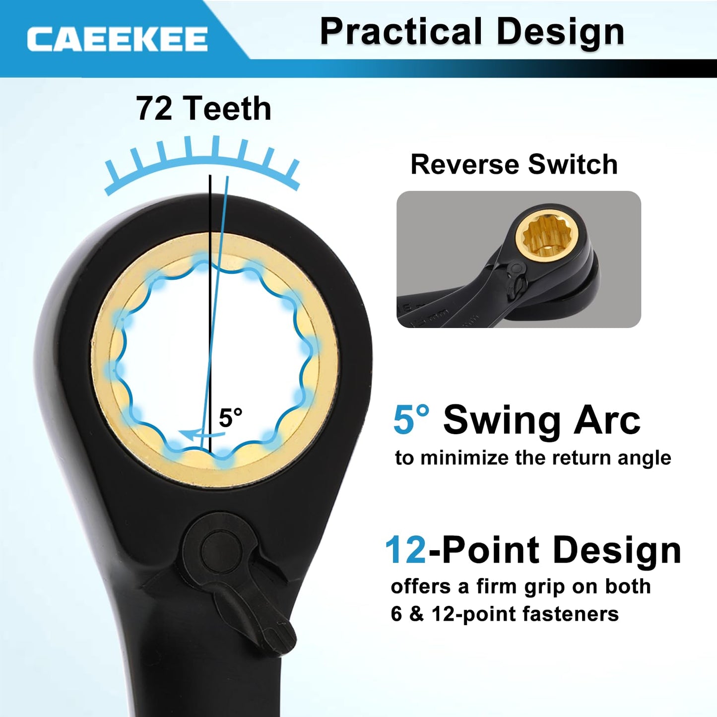 CaeeKee 20PCS 72-Tooth Reversible Ratcheting Combination Wrench Set, Metric & SAE, 8mm - 19mm, 5/16" - 3/4", 12 Point, CR-V Steel, With Organizer Box