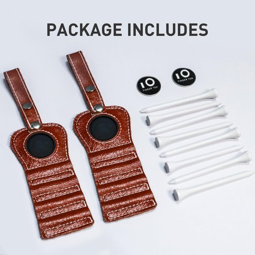 FINGER TEN Golf Tee Holder with Ball Marker and 4 Pcs Wood Tees Value Pack, Luxury Leather Gift Hook to Golf Bag Belt Clip (2 in Brown)