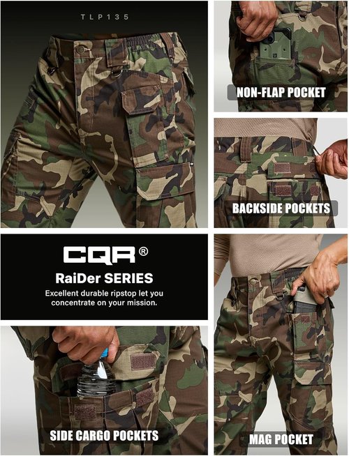 CQR Men's Tactical Pants - Lightweight Water-Resistant Ripstop Cargo for EDC & Hiking