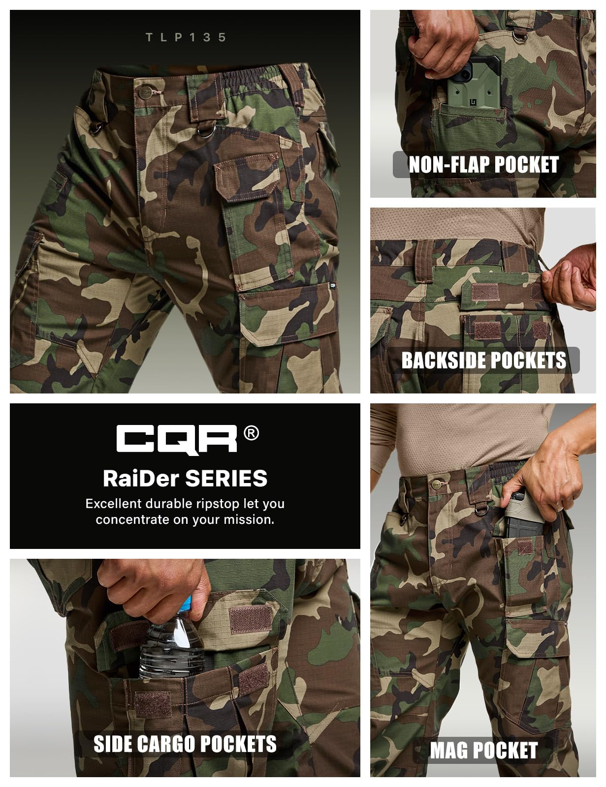 CQR Men's Tactical Pants, Water Resistant Ripstop Cargo Pants, Lightweight EDC Work Hiking Pants, Outdoor Apparel, Duratex Mag Pocket Print Woodland Camo, 36W x 34L