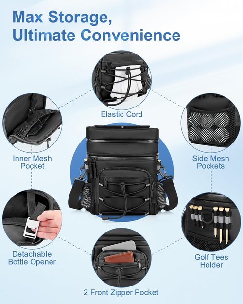 SKYJDM 14-Can Golf Cart Expandable Cooler Bag, Soft Insulated Cooler Bag with Hook-and-Loop Lid & Golf Tees Holder for Camping & Outdoor Activities, Fits on Golf Push Cart(Black)