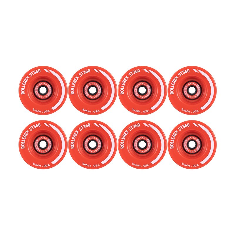 Rollerex ST360 92A 54mm x 32mm Roller Skate Wheels (8-Pack w/Bearings, Spacers and Washers) (Color Options) - Indoor Outdoor - Use for Quad Skate Wheel Replacement (Rocket Red)