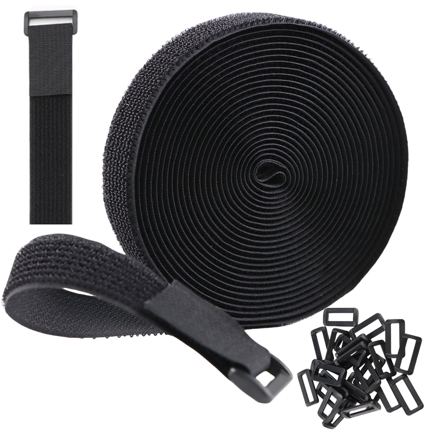 Hook and Loop Cable Straps 1" x 16.5 Ft with 24 Buckles Adjustable Fastening Reusable Nylon Securing Cord Cinch Strap Ties Free Cut for Cable Management RV Workshop DIY (Black)