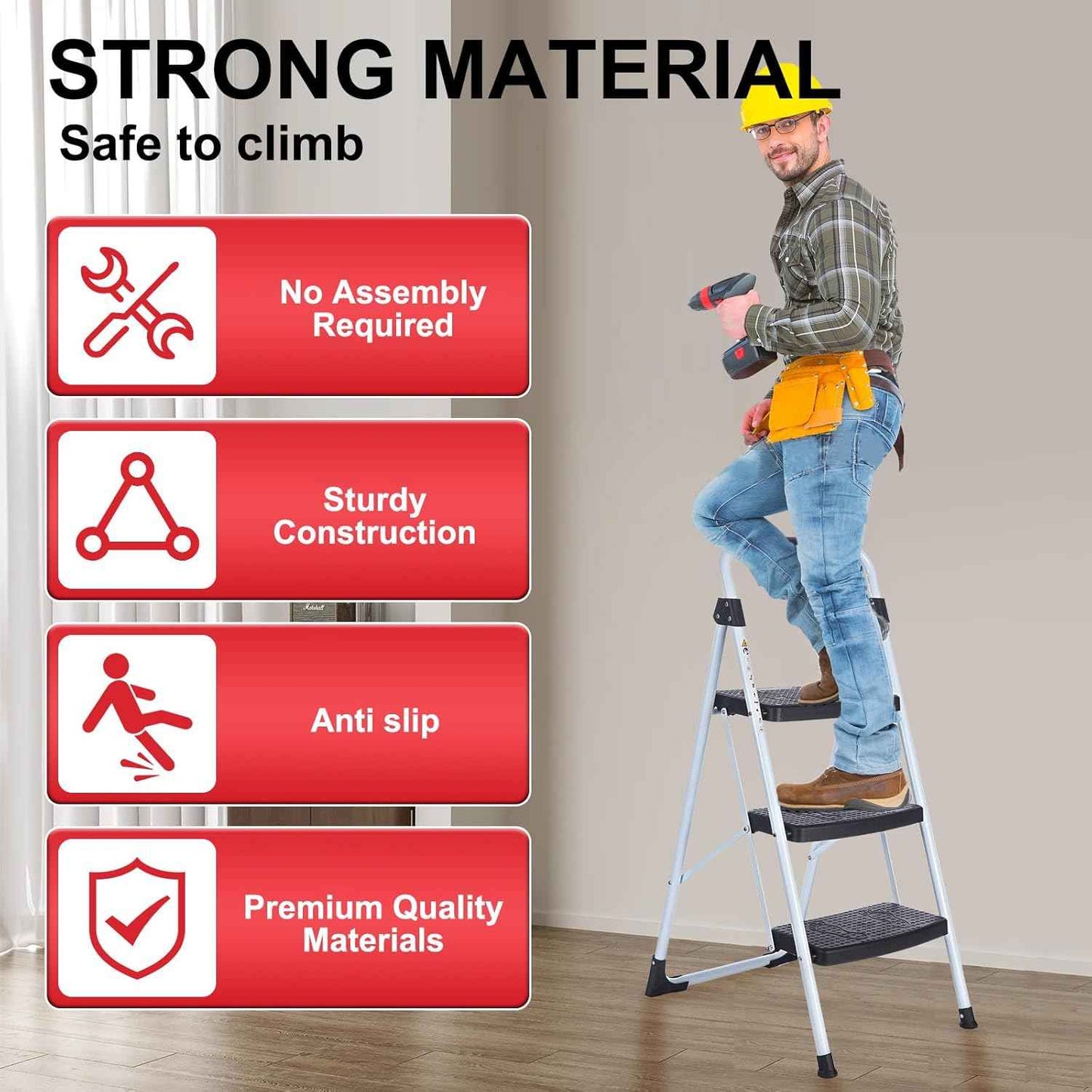 Portable 3-Step Folding Ladder - Sturdy Steel Step Stool with Anti-Slip Pedal & Handgrip, 500lbs Capacity for Home & Office