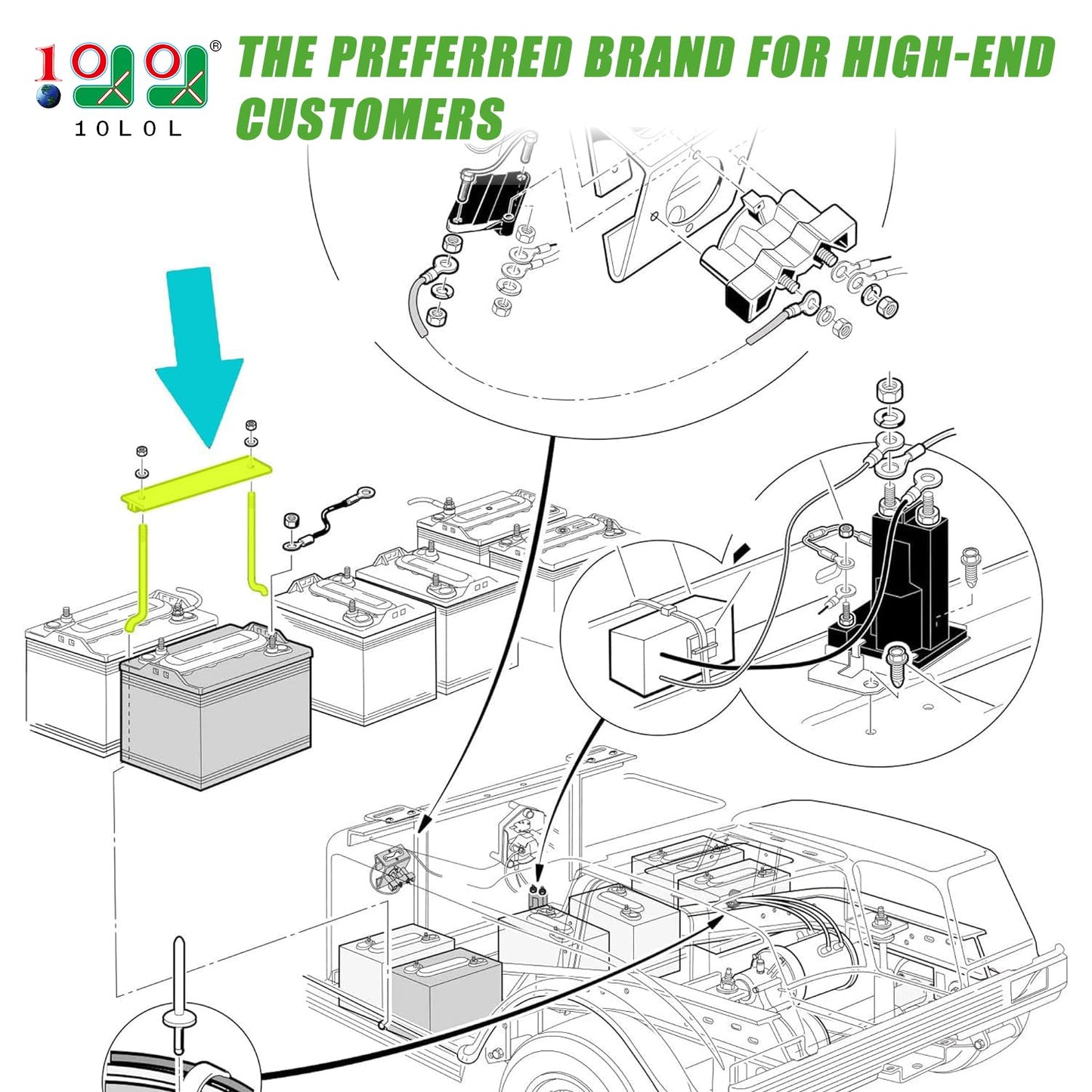 10L0L Golf Cart Battery Hold Down Plate and Rod Kit for Club Car DS & Carryall Electric Model Vehicles 1998-2005 OEM 101090801 1013683 W/Washer & Nuts