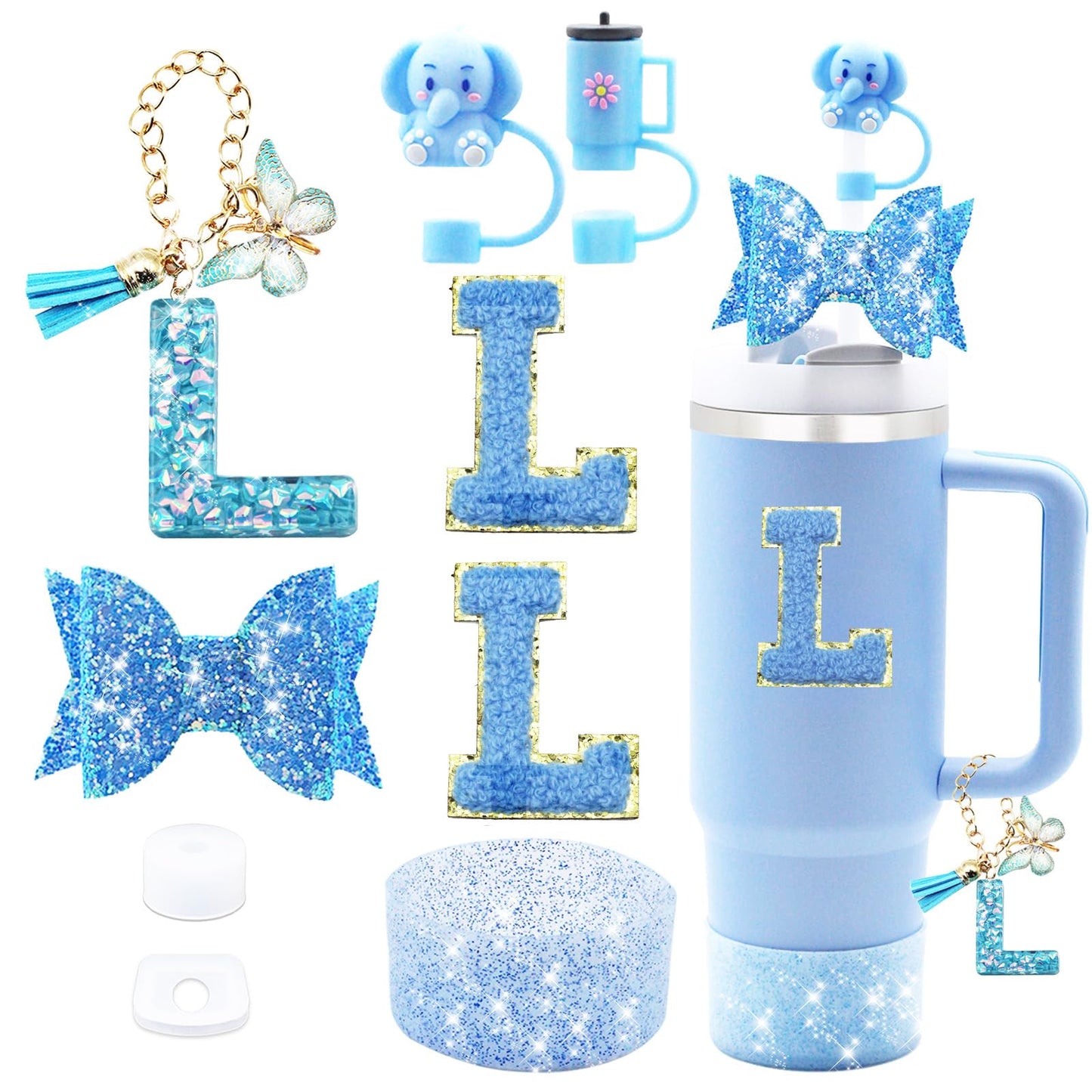 Liangang 9PCS Cup Accessories Set For Stanley 30oz 40oz,Including 2PCS Stanley Straw Cover and Boot,Spill Proof Stopper,Handle Charm,Bow straw,2PCS Sticker Letter (Letter L)