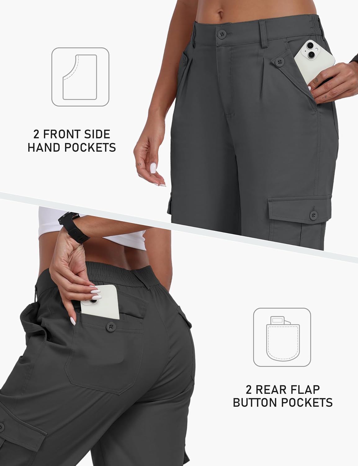 MoFiz Women's Cargo Capris Lightweight Hiking Pants 6 Pockets Cotton Casual Summer Capri Pants for Women Dark Grey L