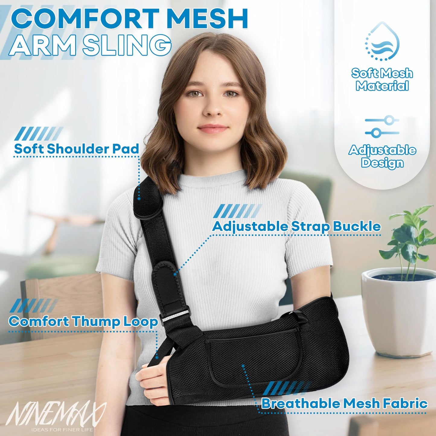 NINEMAX Arm Sling Shoulder Immobilizer Rotator Cuff Support for Shoulder Elbow Injury,Mesh Breathable Brace Left Right Arm Strap for Broken or Fractured Bones for Women Men with Pad (M)