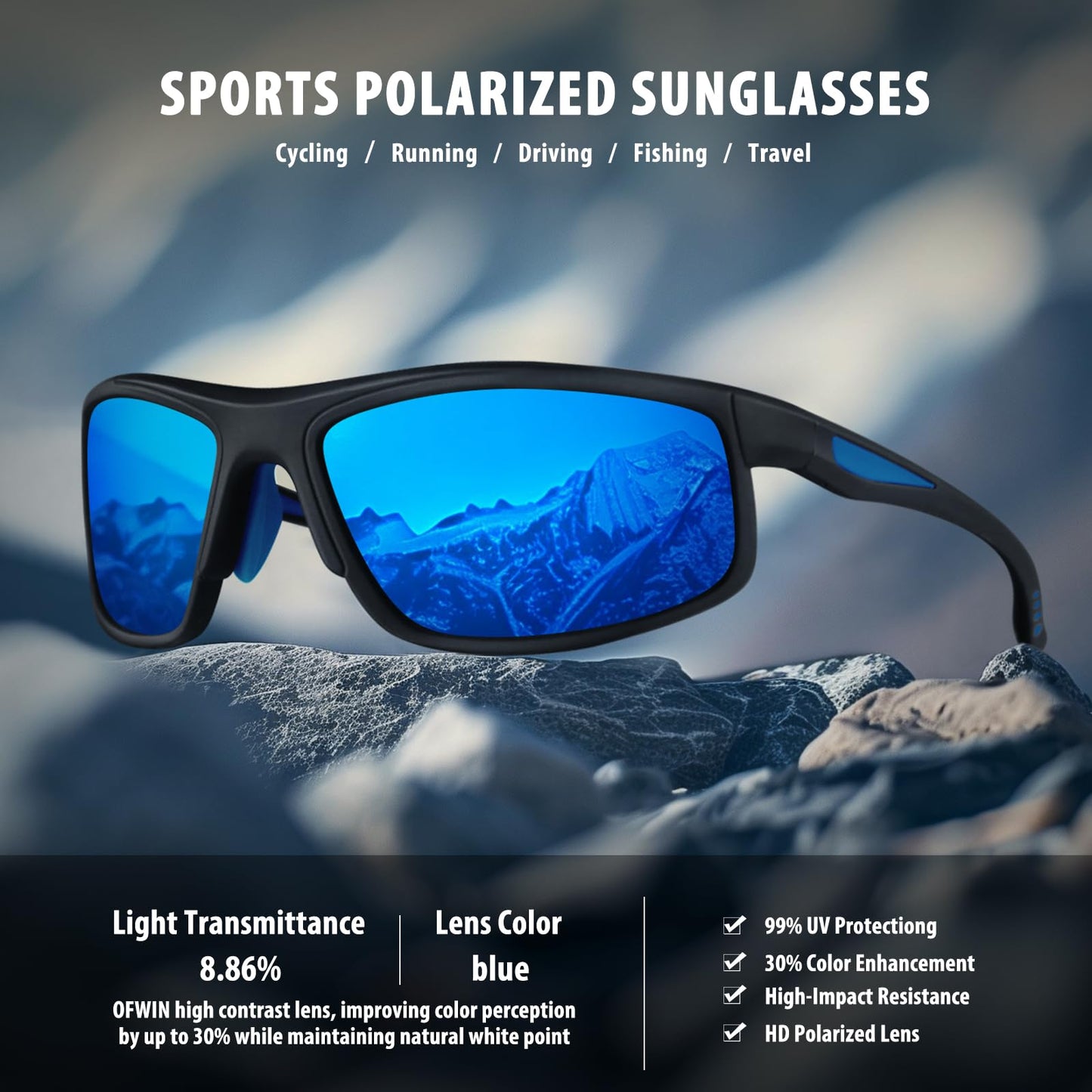Ofwin Sports Sunglasses for Men Women Polarized UV Protection Fishing Driving Cycling Bik Running Wrap Around Sun Glasses