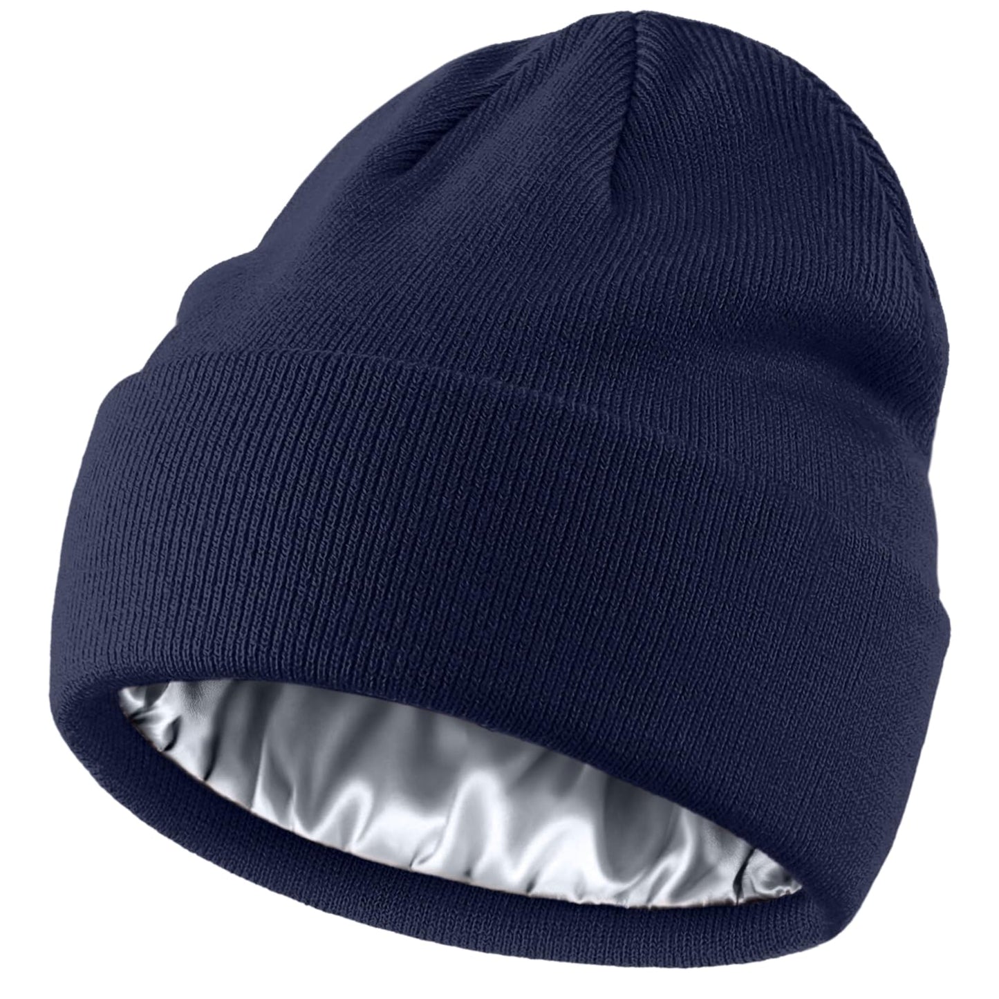 Simapu Satin Lined Wool Beanie Hat for Women Men Fall Winter Fashion, Warm Knit Cuffed Fisherman Skull Cap/Slouchy Beanie, Navy Blue