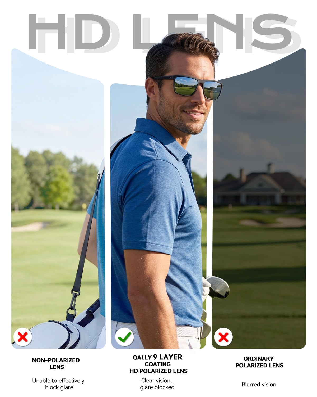 QALLY Night Vision Glasses Men, Polarized Sunglasses Men with UV protection Lightweight Sun Glasses for Driving Fishing Golf