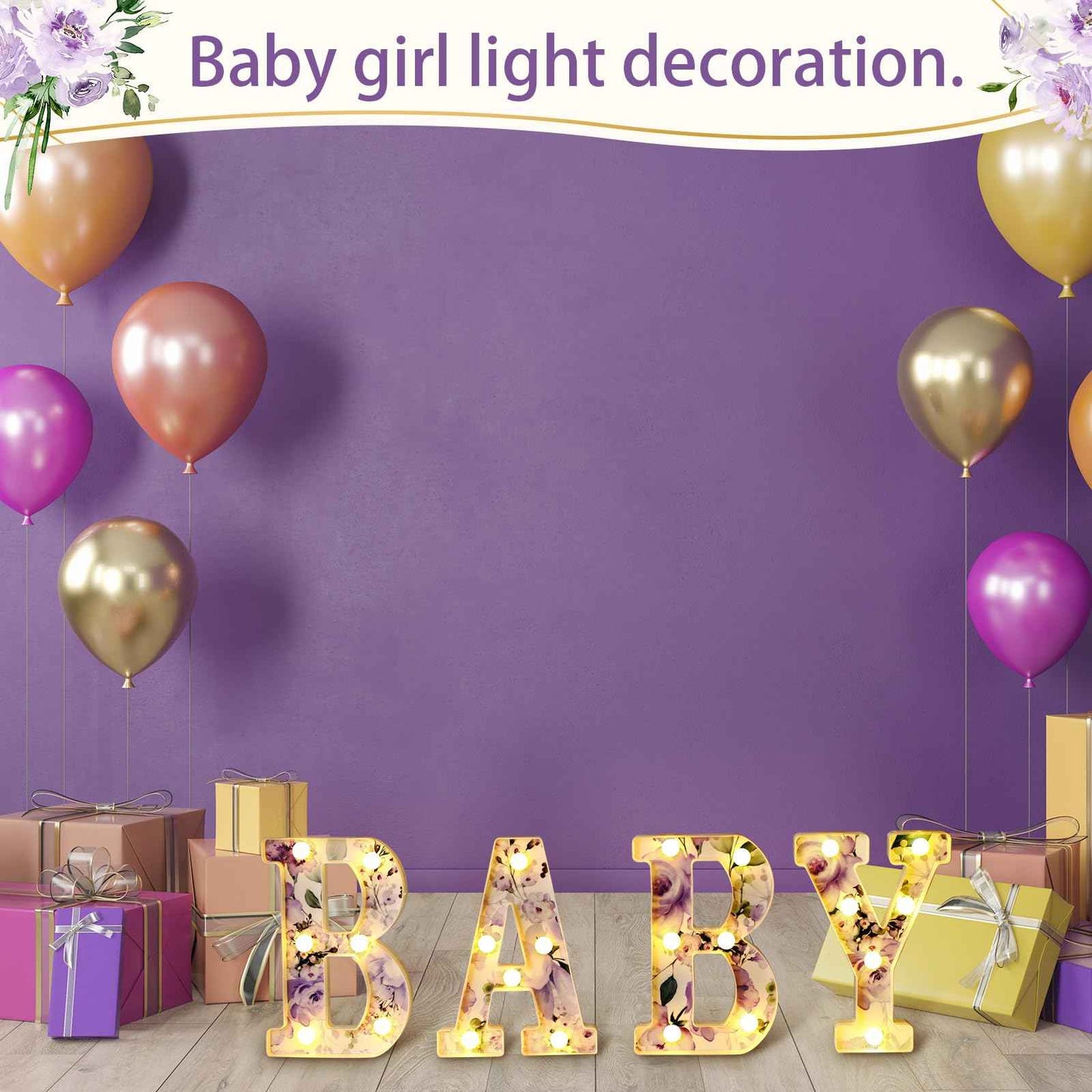 Realspring Woodland Greenery Centerpieces Baby Marquee Light up Sign Letters 8.26'' Baby Shower Letter Battery Operated Gender Reveal Birthday Party Decor for Home Table (Purple)