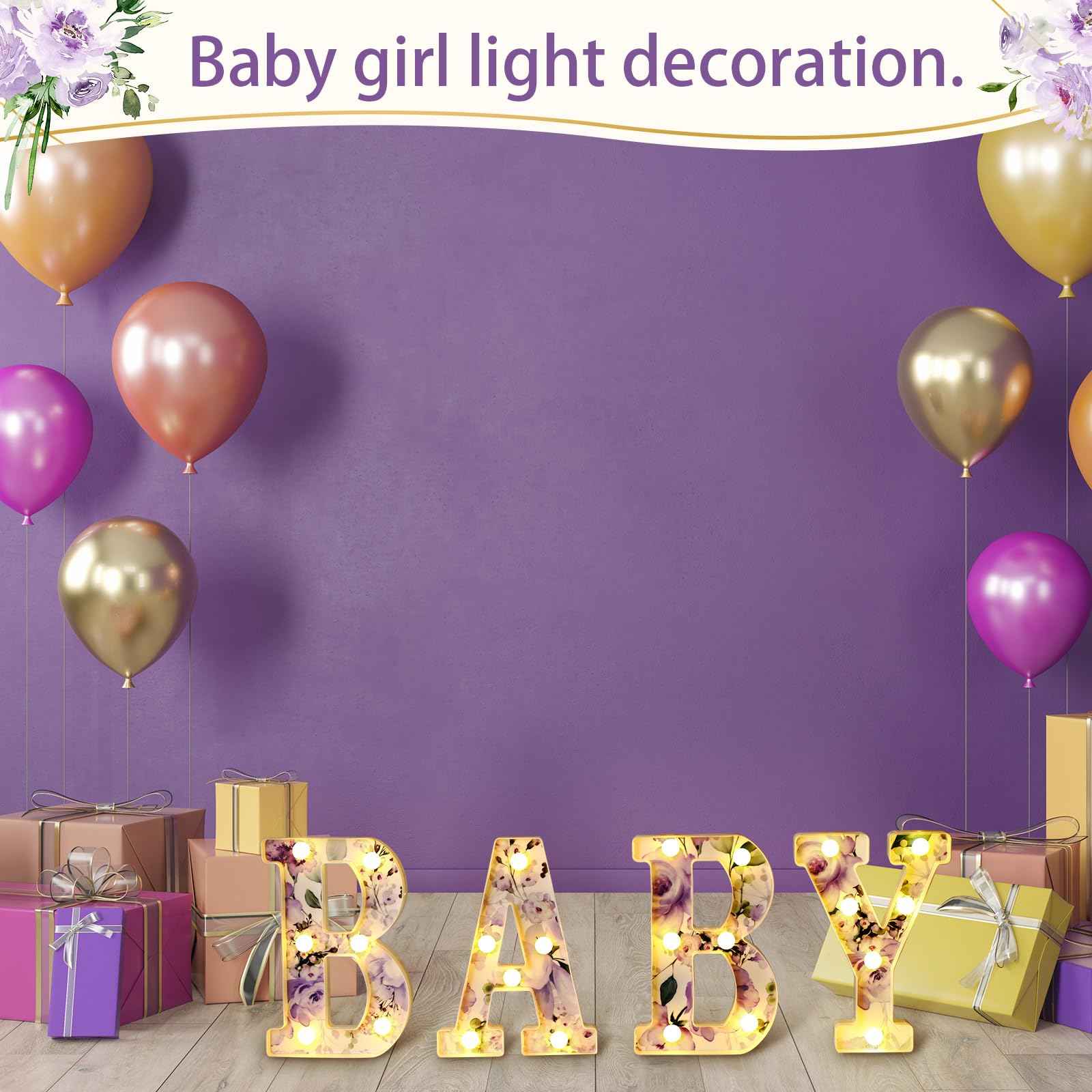 Realspring Woodland Greenery Centerpieces Baby Marquee Light up Sign Letters 8.26'' Baby Shower Letter Battery Operated Gender Reveal Birthday Party Decor for Home Table (Purple)