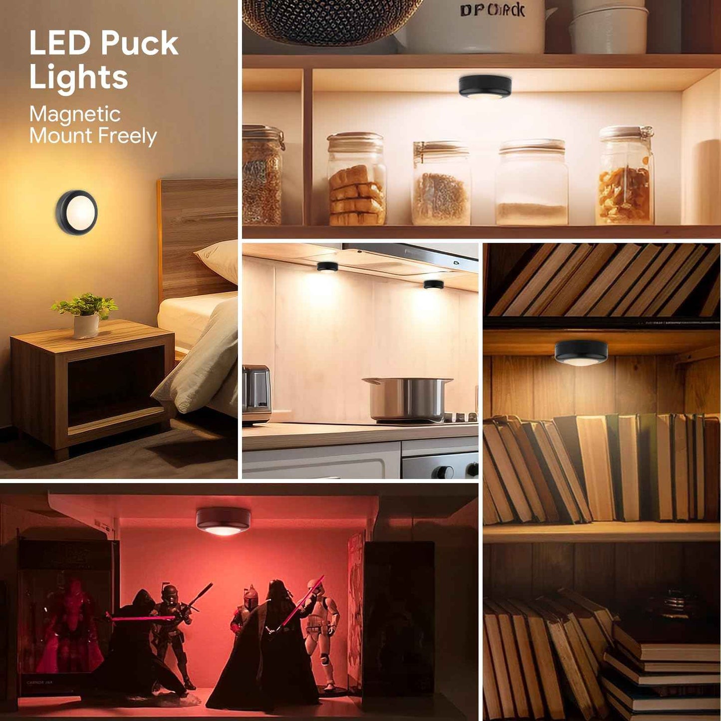 Yiliaw LED Puck Lights with Remote Control, AA Battery Operated, 12 Color Closet Under Cabinet Lighting, Push Tap Light, Under Counter for Kitchen, 6 Pack, Black-Magnetic