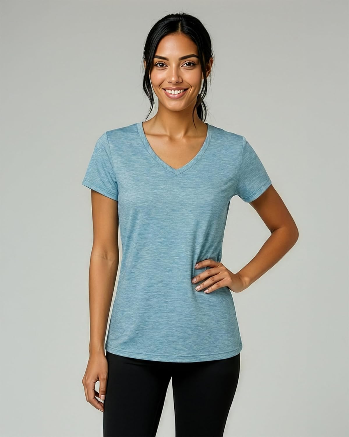 Real Essentials Women's Dry-Fit V-Neck T-Shirt - 5 Pack Workout & Yoga Tops | Plus Size Available