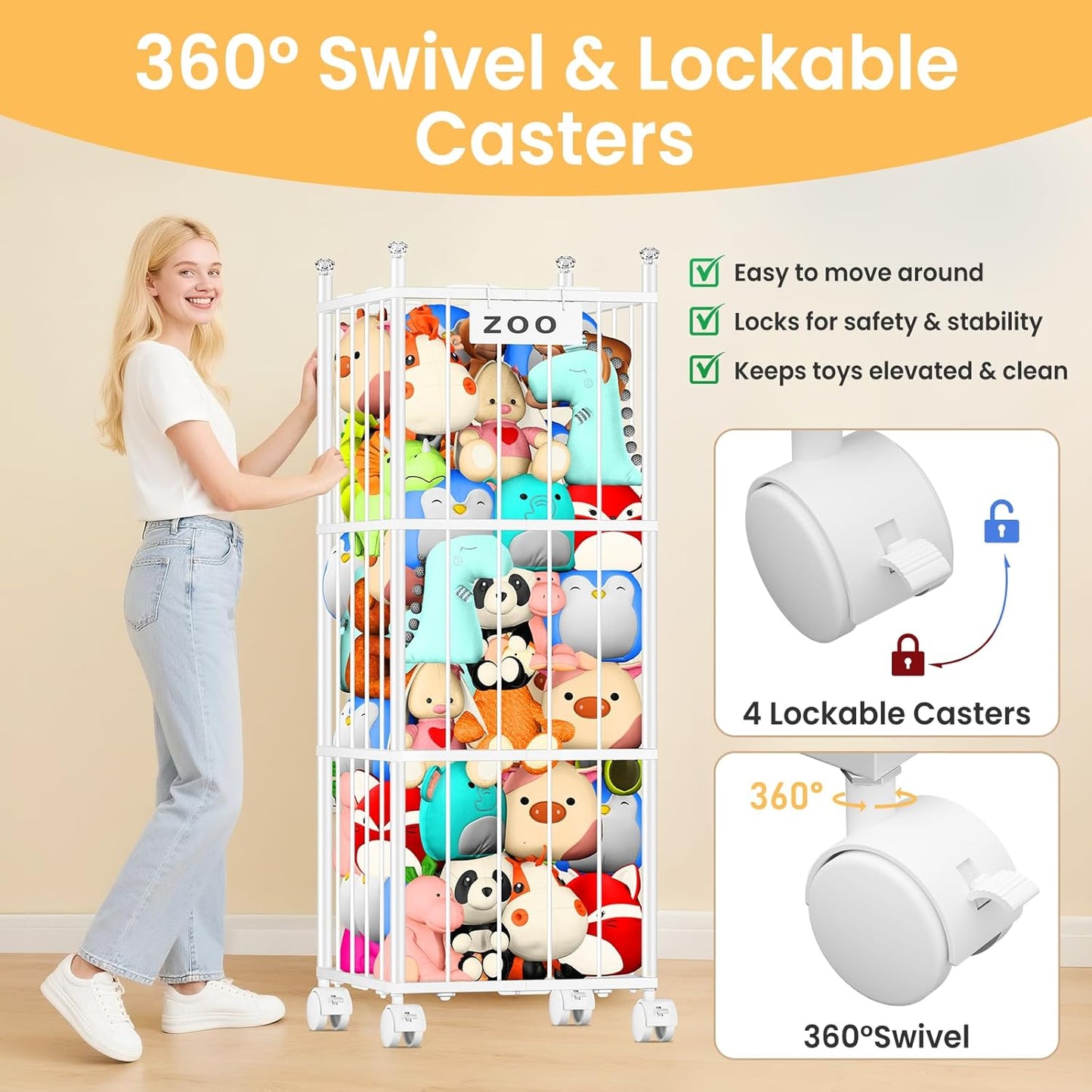 TomCare Extra Large Stuffed Animal Storage - Space-Saving Organizer with 4 Lockable Wheels for Playroom/Bedroom